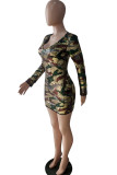 Green Sexy Cap Sleeve Long Sleeves V Neck Step Skirt skirt chain camouflage