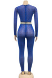 Blue Fashion Sexy Print Long Sleeve O Neck Jumpsuits