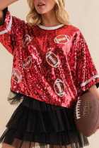 Red Casual Patchwork Sequins O Neck T-Shirts