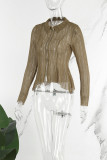Brown Casual Solid Patchwork Zipper Collar Tops (Subject To The Actual Object)