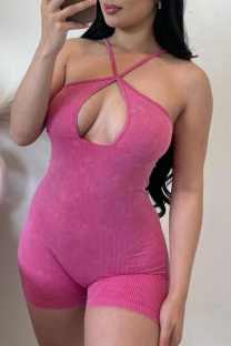 Rose Red Sexy Solid Hollowed Out Backless Spaghetti Strap Skinny Romper