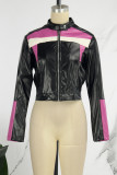 Rose Red Casual Patchwork Contrast Mandarin Collar Outerwear
