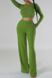 Green Casual Solid Patchwork Pocket O Neck Long Sleeve Two Pieces