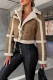 Khaki Casual Patchwork Cardigan Contrast Turndown Collar Outerwear