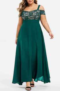 Green Casual Solid Patchwork Off the Shoulder Long Dress Plus Size Dresses