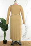 Khaki Casual Striped Patchwork Frenulum V Neck Long Sleeve Plus Size Dresses