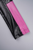 Rose Red Casual Patchwork Contrast Mandarin Collar Outerwear