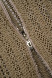Brown Casual Solid Patchwork Zipper Collar Tops (Subject To The Actual Object)