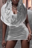 Grey Sexy Casual Solid Backless Hooded Collar Sleeveless Two Pieces