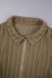 Brown Casual Solid Patchwork Zipper Collar Tops (Subject To The Actual Object)