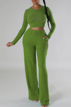 Green Casual Solid Patchwork Pocket O Neck Long Sleeve Two Pieces