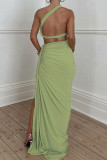 Rose Red Sexy Solid Backless Slit Oblique Collar Sleeveless Two Pieces