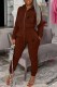 Coffee Casual Print Letter Hooded Collar Long Sleeve Two Pieces