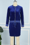 Blue Casual Solid Patchwork Cross Straps Zipper O Neck Long Sleeve Two Pieces