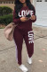 Burgundy Fashion Casual Letter Print Basic O Neck Long Sleeve Two Pieces