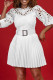 White Elegant Solid Hollowed Out Patchwork With Belt Pleated O Neck A Line Dresses（Belt Included）