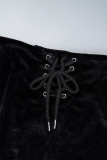 Black Casual Solid Patchwork Cross Straps Zipper O Neck Long Sleeve Two Pieces