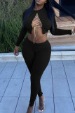Black Sexy Solid Hollowed Out Patchwork Frenulum O Neck Long Sleeve Two Pieces