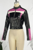 Rose Red Casual Patchwork Contrast Mandarin Collar Outerwear