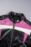Rose Red Casual Patchwork Contrast Mandarin Collar Outerwear