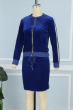 Blue Casual Solid Patchwork Cross Straps Zipper O Neck Long Sleeve Two Pieces