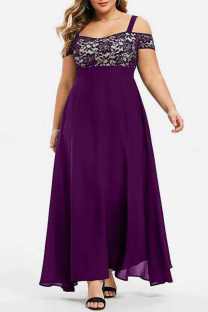 Dark Purple Casual Solid Patchwork Off the Shoulder Long Dress Plus Size Dresses