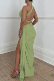 Rose Red Sexy Solid Backless Slit Oblique Collar Sleeveless Two Pieces