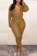 Yellow Sexy Solid Draw String V Neck Long Sleeve Two Pieces