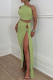 Green Sexy Solid Backless Slit Oblique Collar Sleeveless Two Pieces