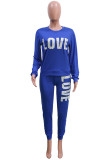 Blue Fashion Casual Letter Print Basic O Neck Long Sleeve Two Pieces