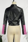 Rose Red Casual Patchwork Contrast Mandarin Collar Outerwear