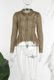 Brown Casual Solid Patchwork Zipper Collar Tops (Subject To The Actual Object)