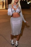 Grey Sexy Casual Solid Patchwork V Neck Tops