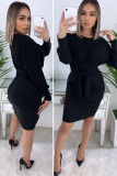 Black Fashion adult Sexy Cap Sleeve Long Sleeves O neck Step Skirt Knee-Length Solid Patchwork b