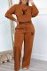 Brown Casual Print Letter O Neck Long Sleeve Two Pieces