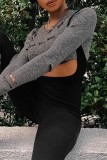 Dark Gray Casual Letter Print Ripped O Neck Tops