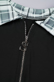 Grey Casual Plaid Patchwork Zipper Turndown Collar Skinny Jumpsuits
