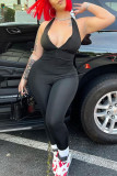Black Casual Solid Patchwork Zipper Halter Skinny Jumpsuits
