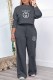 Dark Gray Casual Print Letter O Neck Long Sleeve Two Pieces