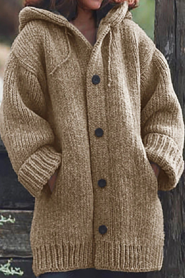 Khaki Casual Solid Buttons Basic Hooded Collar Outerwear