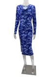 Blue Casual Print Slit V Neck Long Sleeve Dresses
