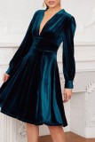 Green Casual Solid Patchwork V Neck Long Sleeve Dresses