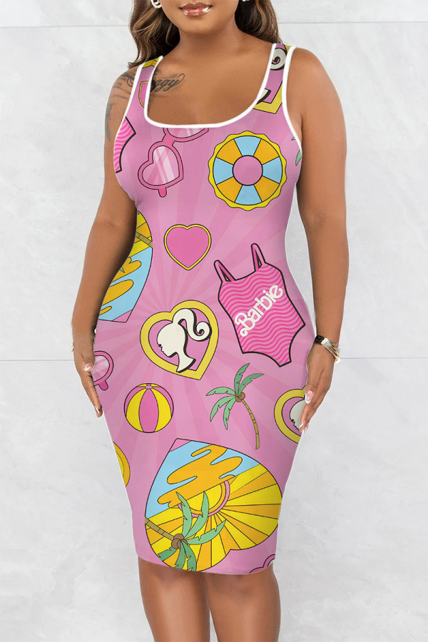 Pink Casual Print Basic U Neck Vest Dress Dresses