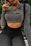 Dark Gray Casual Letter Print Ripped O Neck Tops