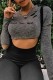 Dark Gray Casual Letter Print Ripped O Neck Tops