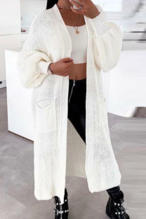 White Casual Solid Cardigan Outerwear