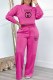 Rose Red Casual Print Letter O Neck Long Sleeve Two Pieces