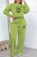 Green Casual Print Letter O Neck Long Sleeve Two Pieces