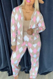 Pink Sweet Print Patchwork Buckle V Neck Long Sleeve Two Pieces(without pocket)