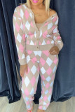 Pink Sweet Print Patchwork Buckle V Neck Long Sleeve Two Pieces(without pocket)